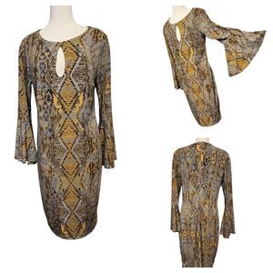 Ashley Stewart Geometric Print Bell Sleeve Dress Keyhole Front